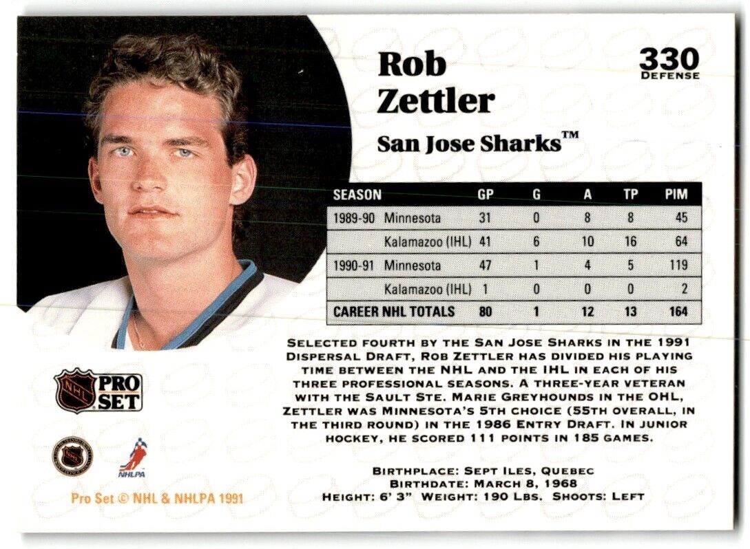 1991-92 Pro Set Rob Zettler San Jose Sharks #330