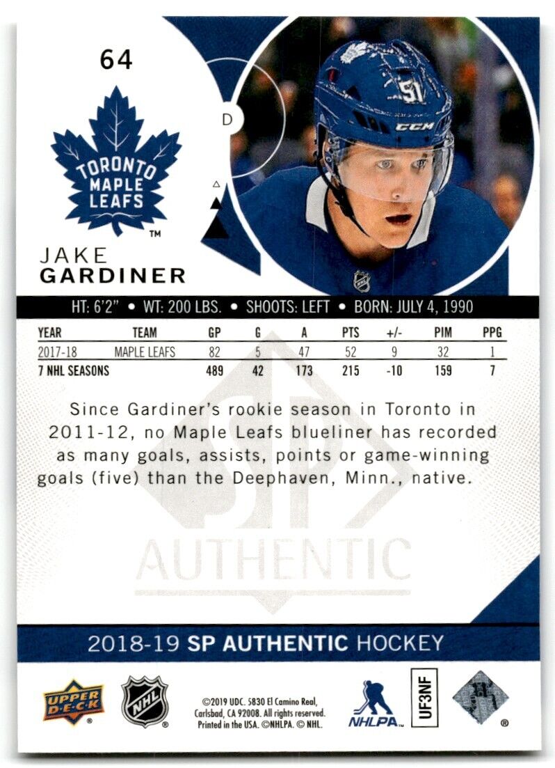 2018-19 SP Authentic Jake Gardiner Toronto Maple Leafs #64