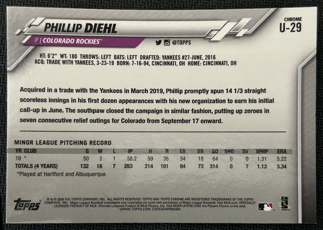 2020 Topps Chrome Update Phillip Diehl Rookie Colorado Rockies #U-29