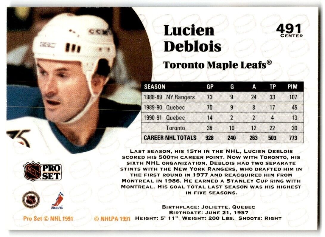 1991-92 Pro Set Lucien DeBlois Toronto Maple Leafs #491