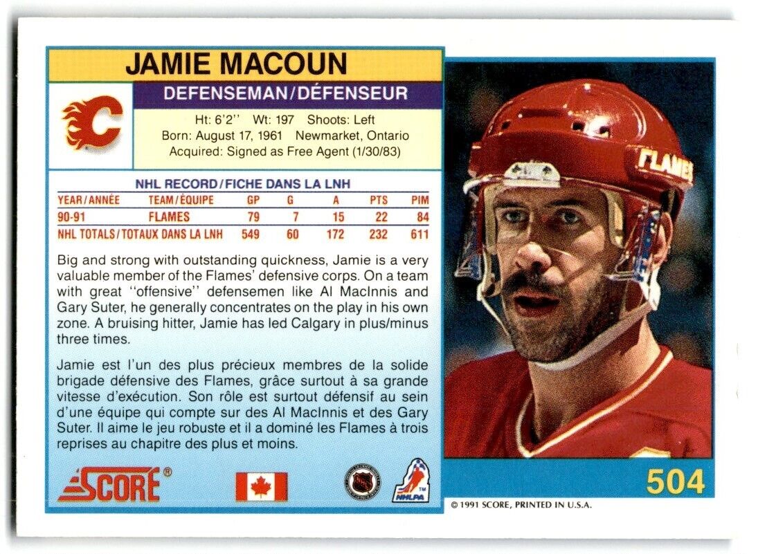 1991-92 Score Canadian Bilingual Jamie Macoun Calgary Flames #504