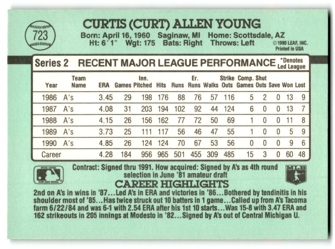 1991 Donruss Curt Young Oakland Athletics #723