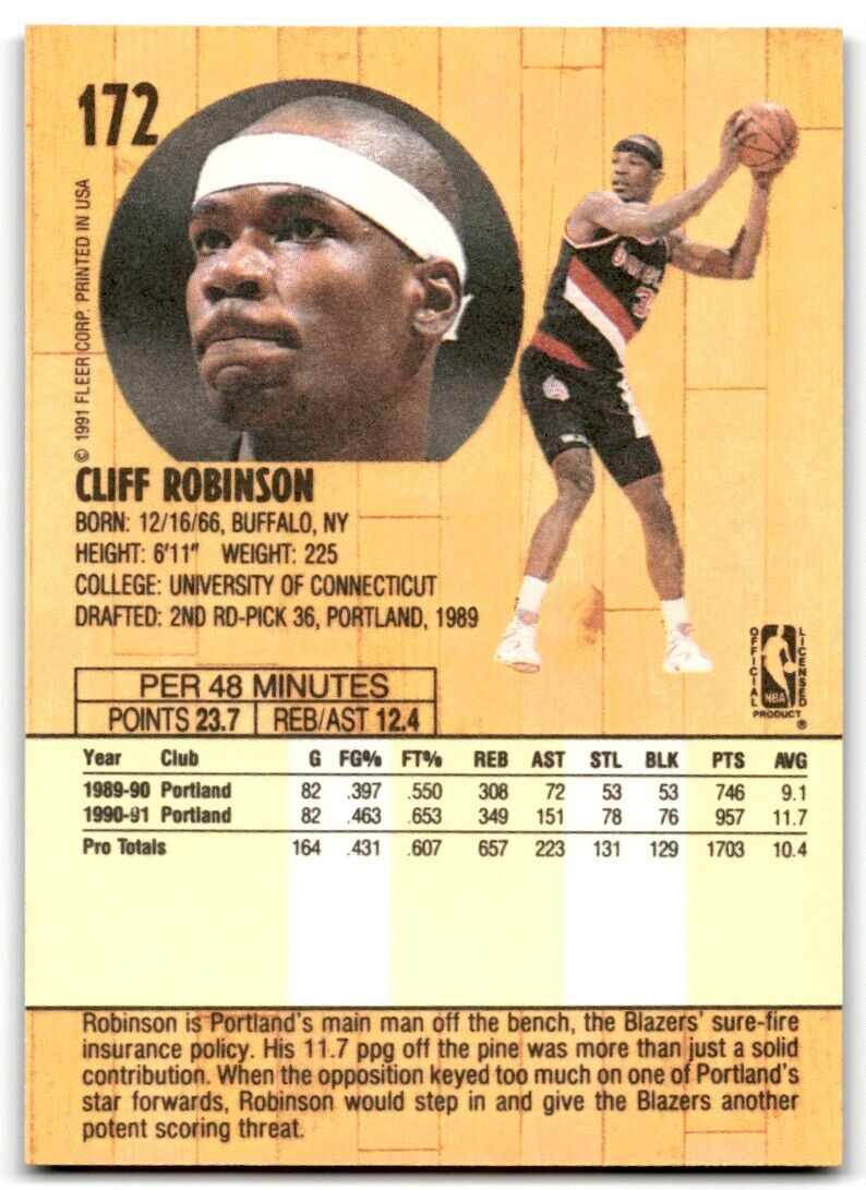 1991-92 Fleer Cliff Robinson Portland Trail Blazers #172