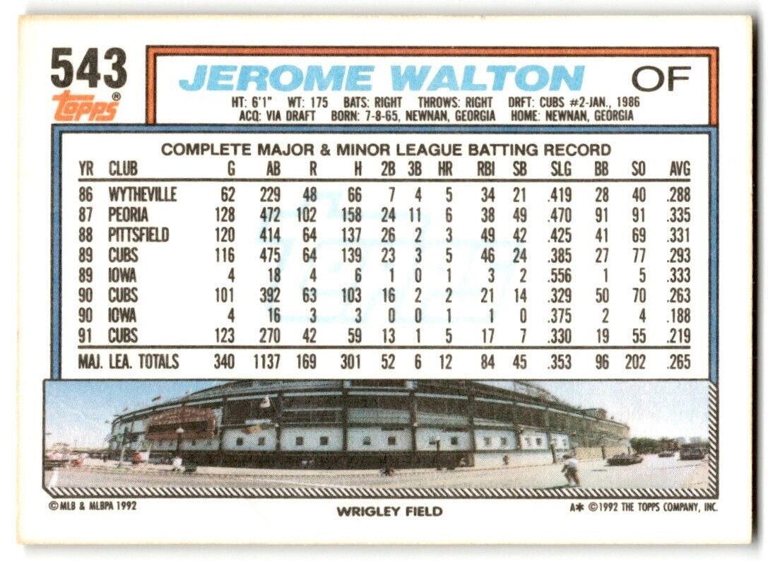 1992 Topps Jerome Walton Chicago Cubs #543