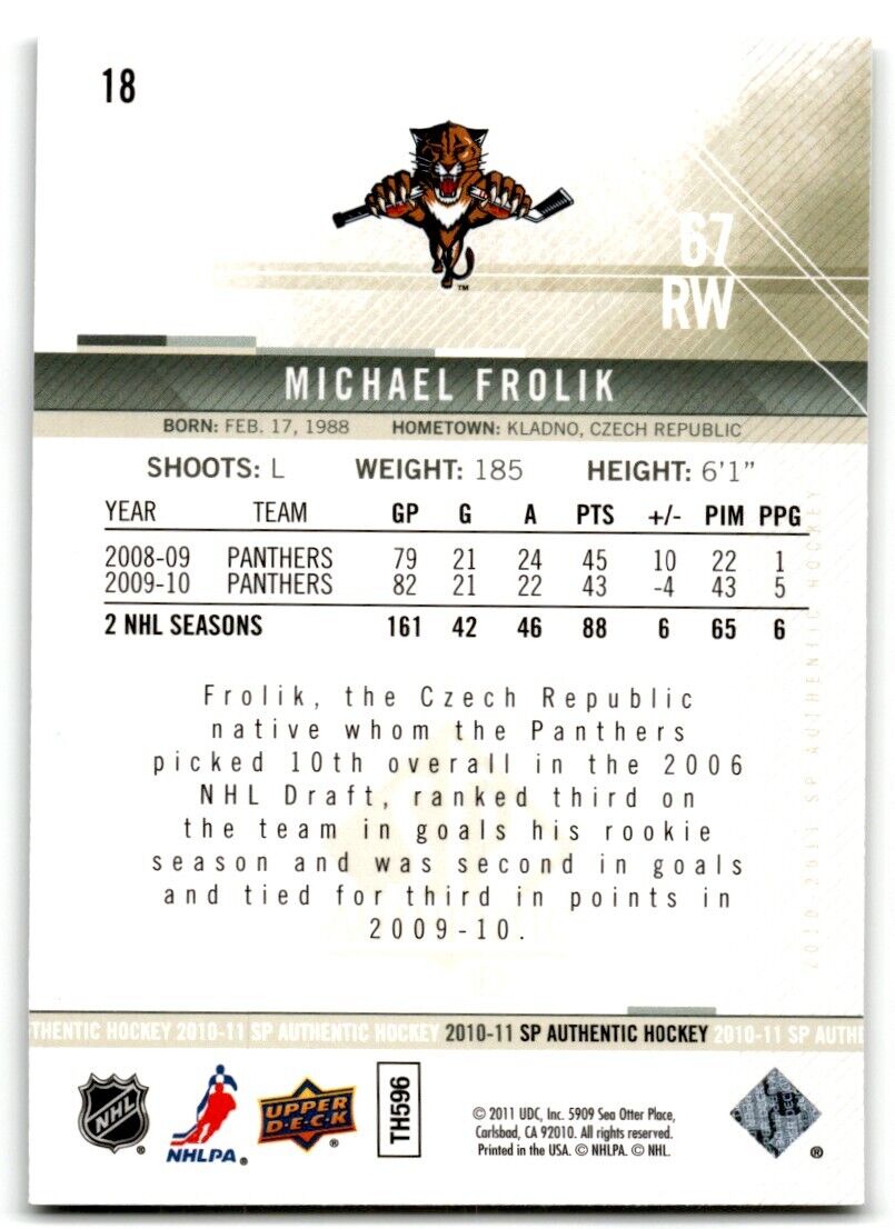 2010-11 SP Authentic Michael Frolik Florida Panthers #18