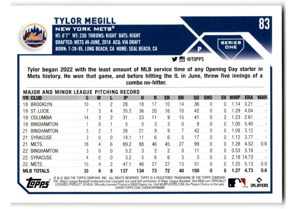 2023 Topps Tylor Megill New York Mets #83