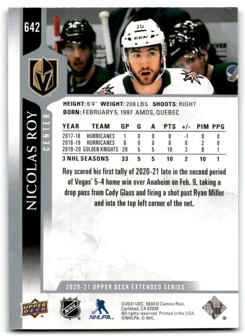 2020-21 Upper Deck Nicolas Roy Vegas Golden Knights #642