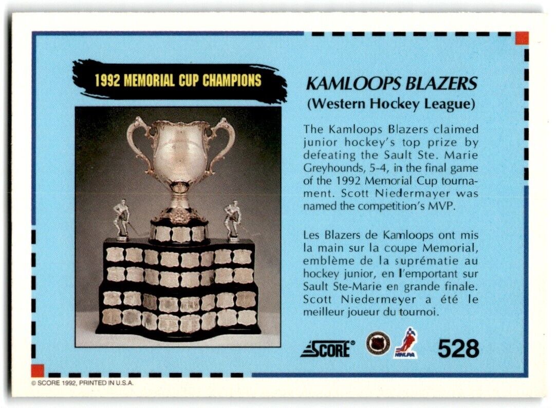 1992-93 Score Canadian Memorial Cup Champions Kamloops Blazers #528