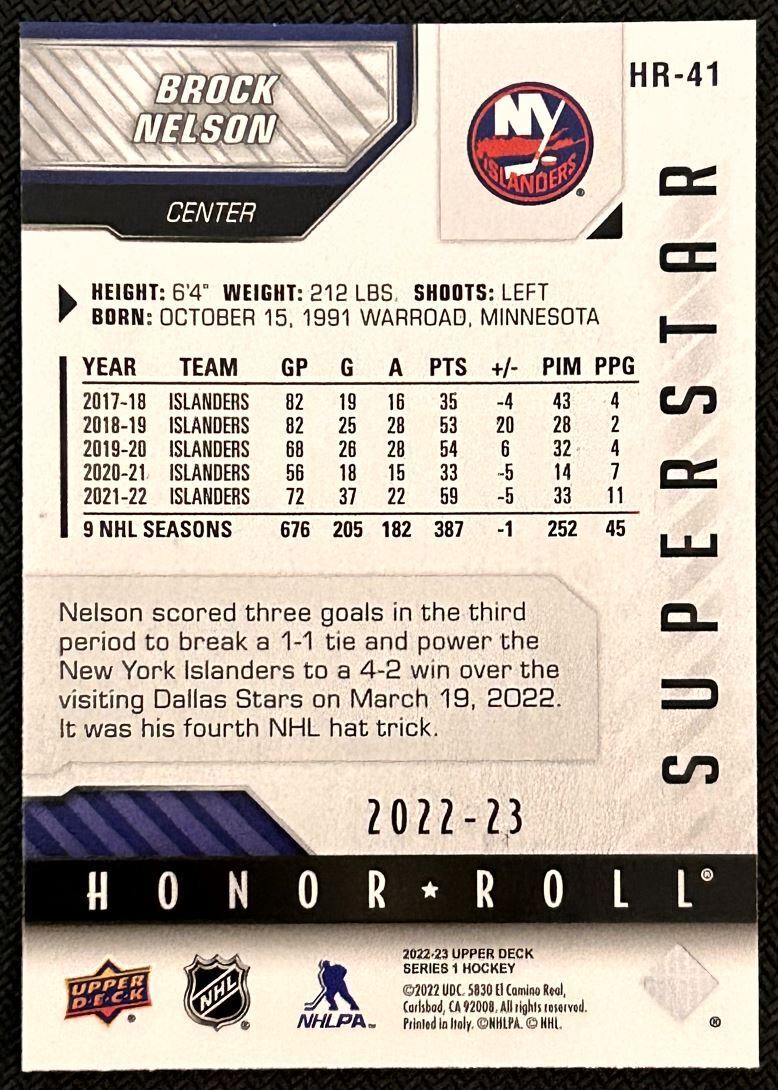 2022-23 Upper Deck Honor Roll Brock Nelson New York Islanders #HR-41