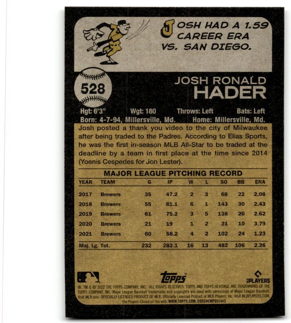 2022 Topps Heritage High Number Josh Hader San Diego Padres #528