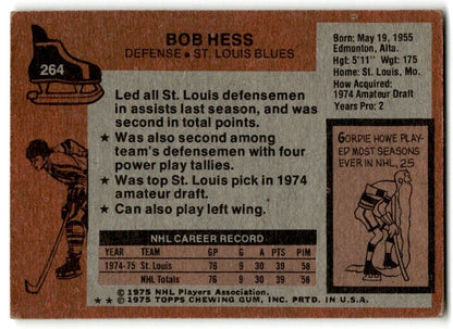 1975-76 Topps Bob Hess Rookie St. Louis Blues #264