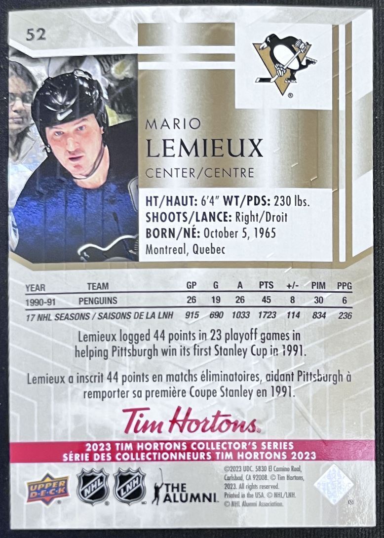 2023-24 Upper Deck Tim Hortons Legends Tim Horton Mario Lemieux Pittsburgh