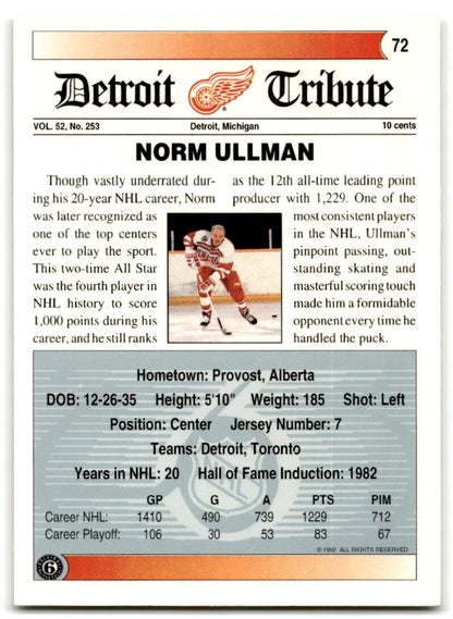 1991-92 Ultimate Original 6 Norm Ullman Detroit Red Wings #72