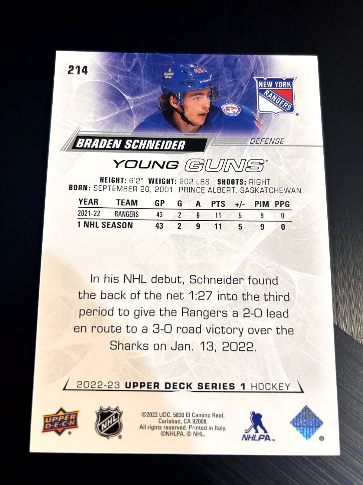 2022-23 Upper Deck Young Guns #214 Braden Schneider New-York Rangers JUMBO