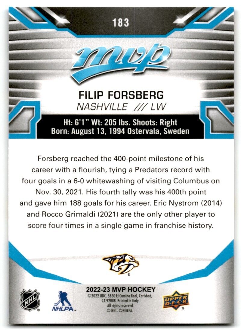 2022-23 Upper Deck MVP Filip Forsberg Nashville Predators #183