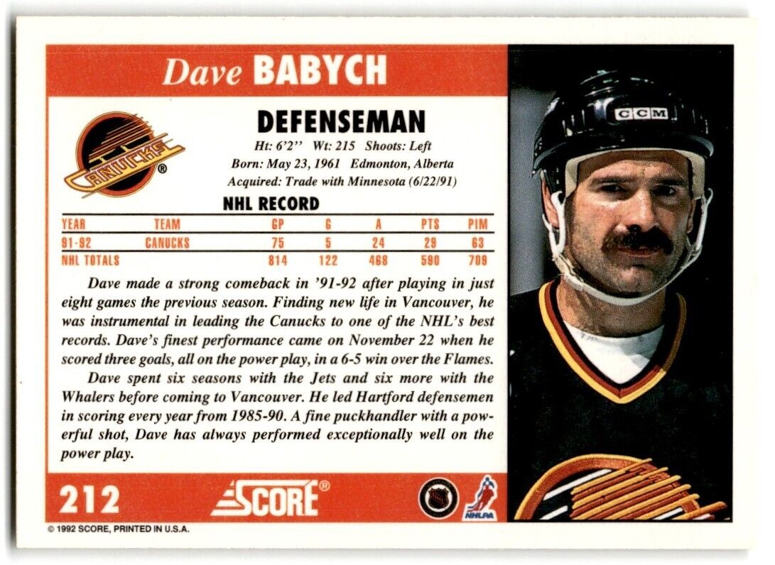 1992-93 Score Dave Babych Vancouver Canucks #212