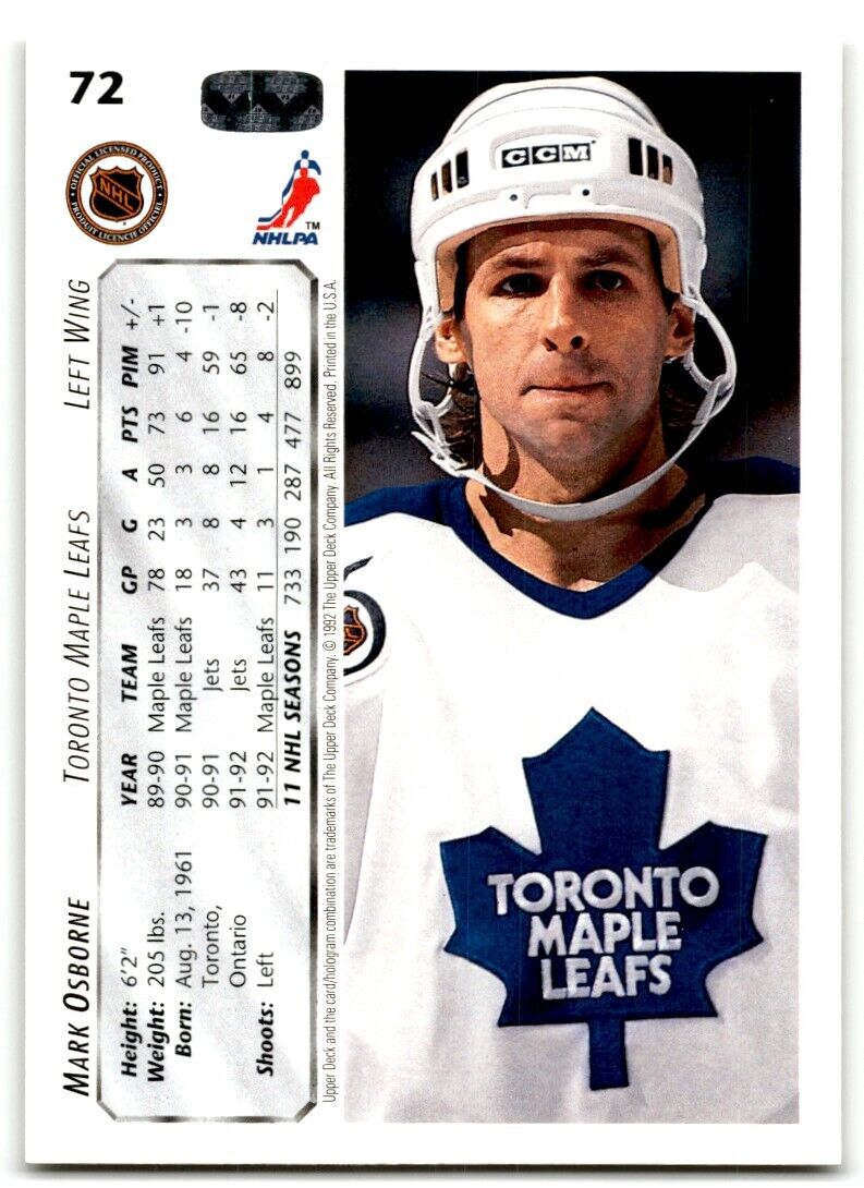 1992-93 Upper Deck Mark Osborne Toronto Maple Leafs #72