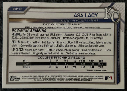 2021 Bowman Chrome Prospects Asa Lacy Kansas City Royals #BCP-83