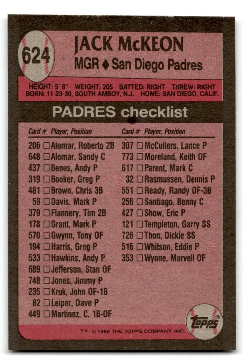 1989 Topps Jack McKeon San Diego Padres #624