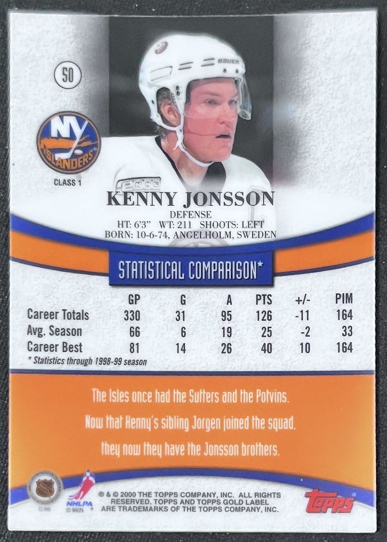 1999-00 Topps Gold Label Kenny Jonsson New York Islanders #50