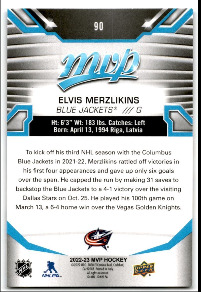 2022-23 Upper Deck MVP Elvis Merzlikins Columbus Blue Jackets #90