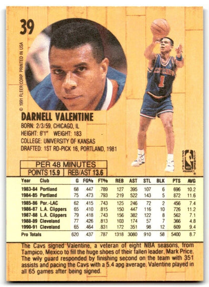 1991-92 Fleer Darnell Valentine Cleveland Cavaliers #39