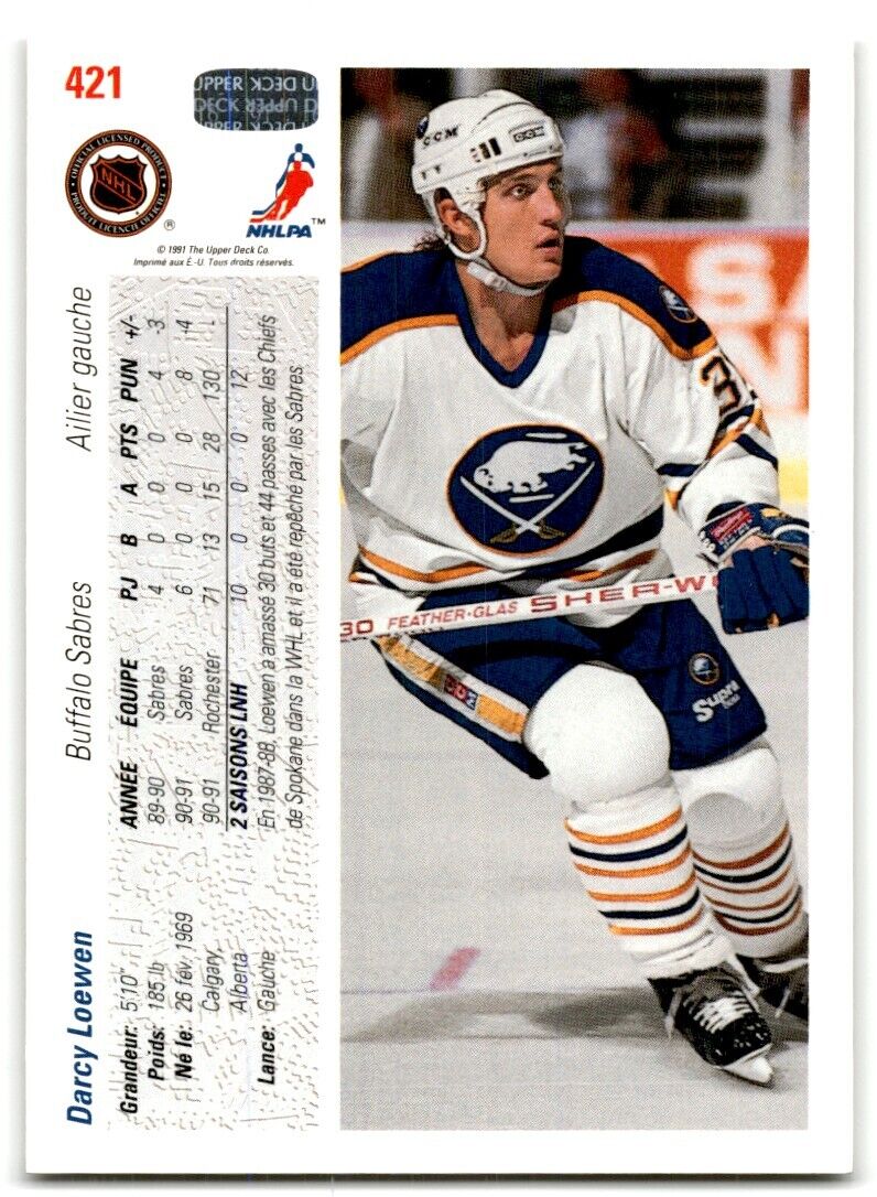 1991-92 Upper Deck Darcy Loewen Rookie Buffalo Sabres #421