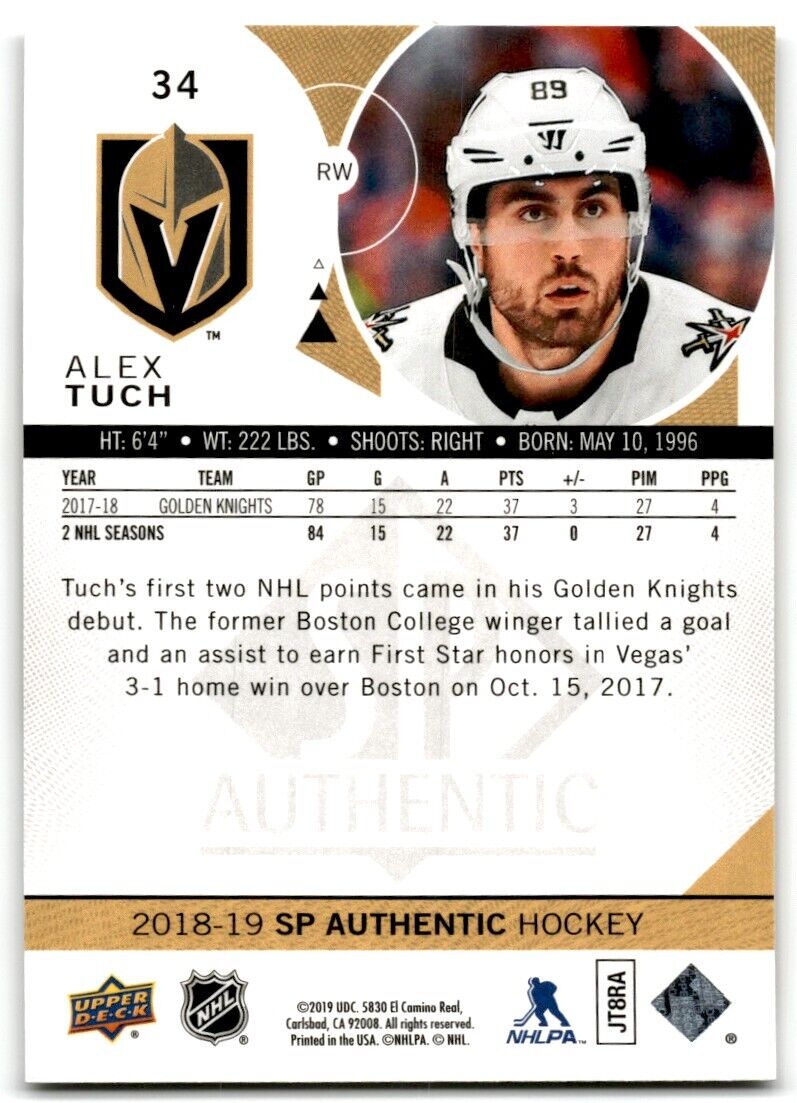 2018-19 SP Authentic Alex Tuch Vegas Golden Knights #34