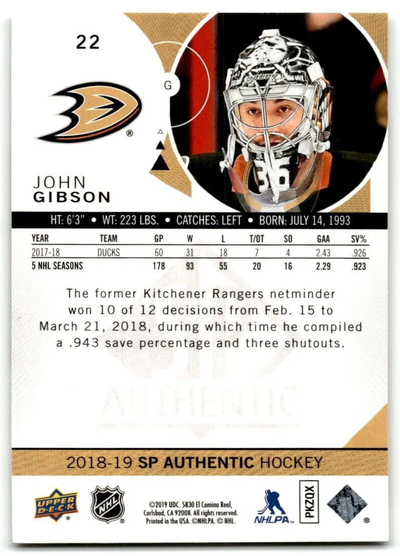 2018-19 SP Authentic John Gibson Anaheim Ducks #22