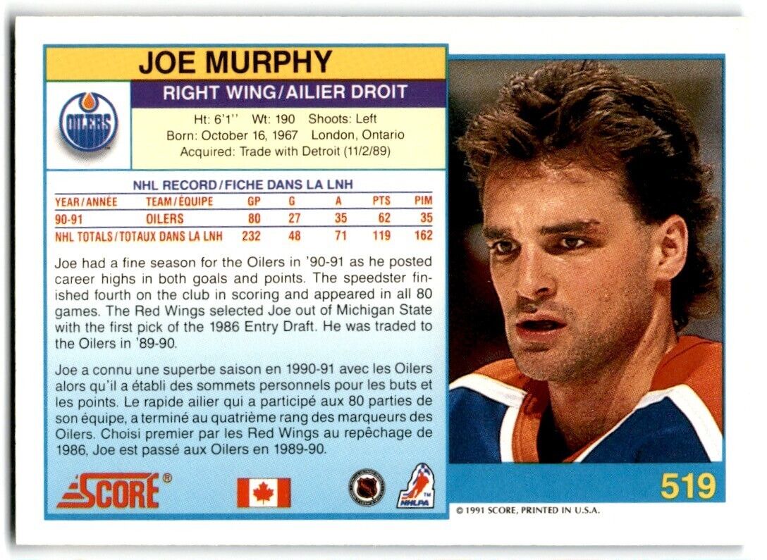 1991-92 Score Canadian Bilingual Joe Murphy Edmonton Oilers #519