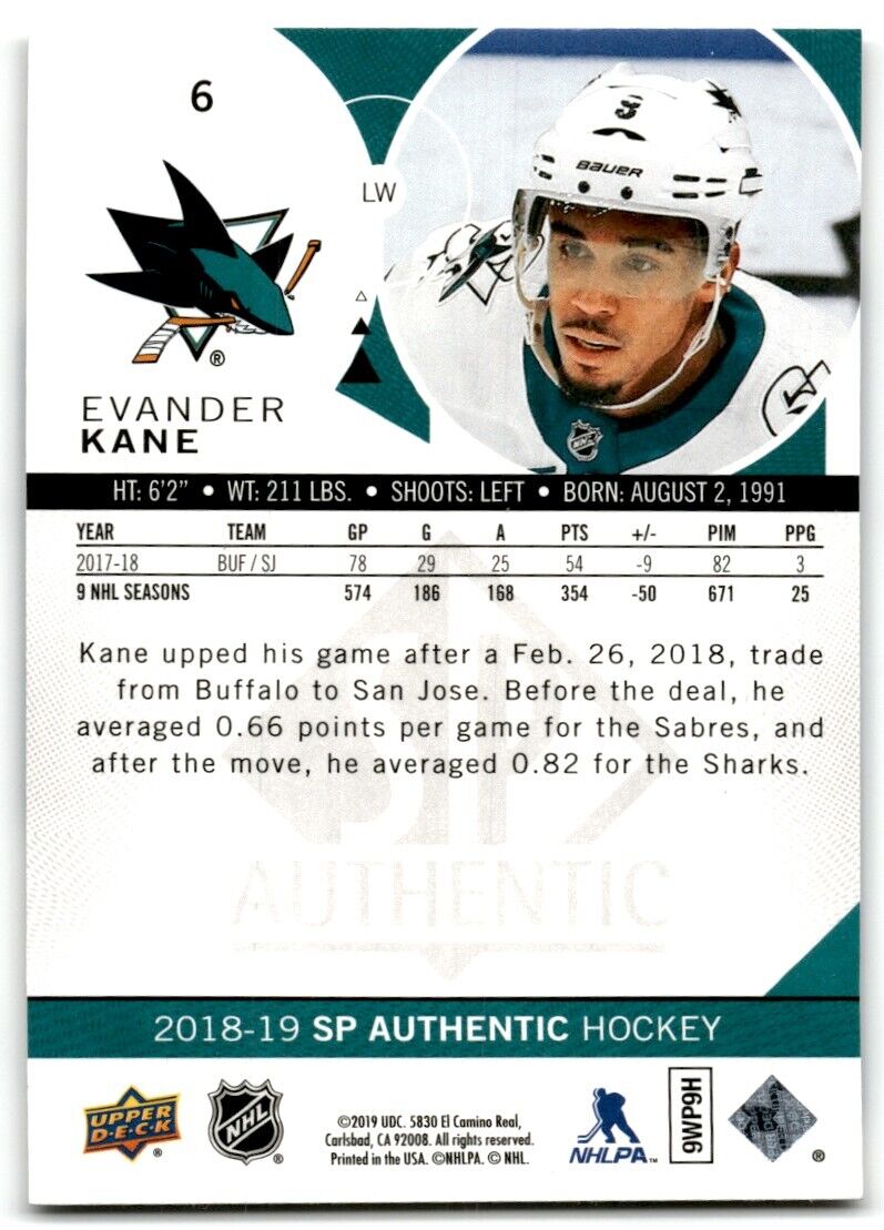 2018-19 SP Authentic Evander Kane San Jose Sharks #6