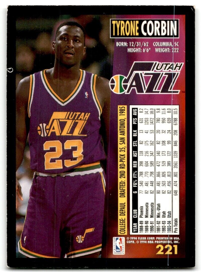 1994-95 Fleer Tyrone Corbin Utah Jazz #221