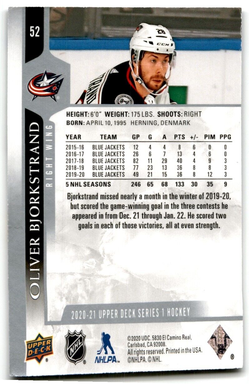 2020-21 Upper Deck Oliver Bjorkstrand Columbus Blue Jackets #52