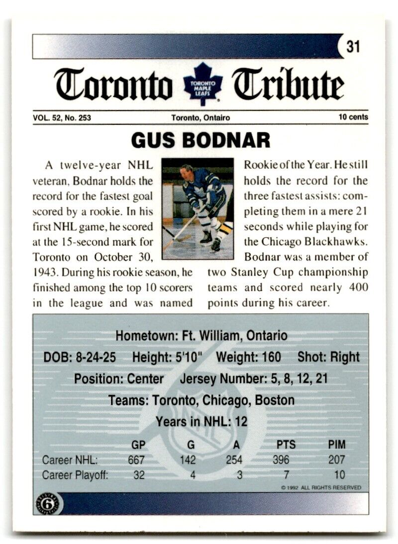 1991-92 Ultimate Original 6 Gus Bodnar Toronto Maple Leafs #31