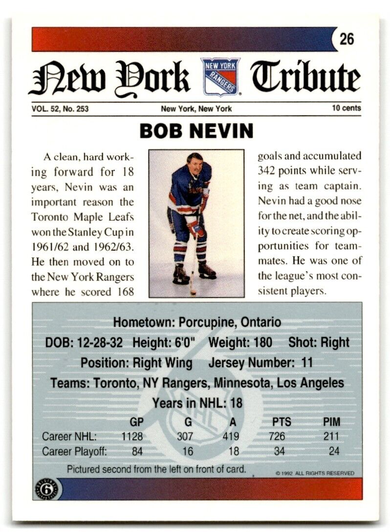 1991-92 Ultimate Original 6 Bob Nevin New York Rangers #26