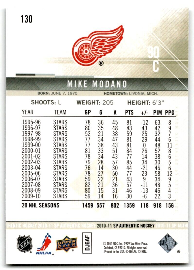 2010-11 SP Authentic Mike Modano Detroit Red Wings #130