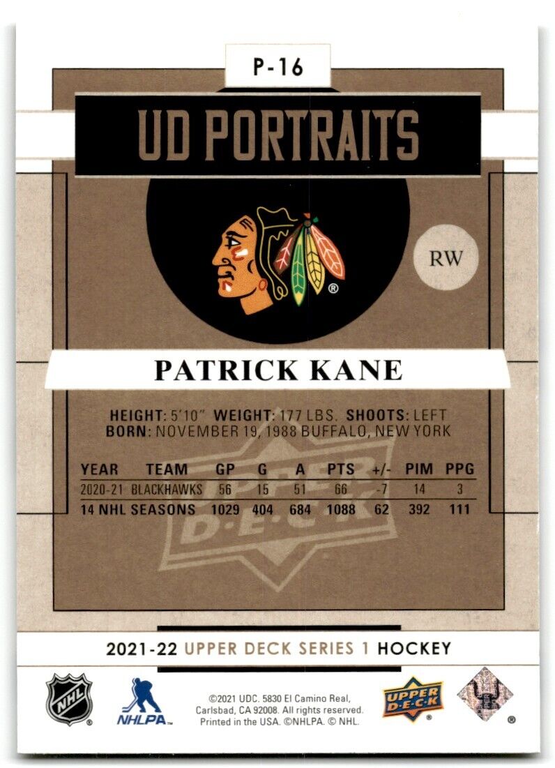 2021-22 Upper Deck UD Portraits Patrick Kane Chicago Blackhawks #P-16