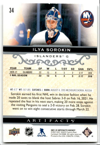 2021-22 Upper Deck Artifacts Ilya Sorokin New York Islanders #34