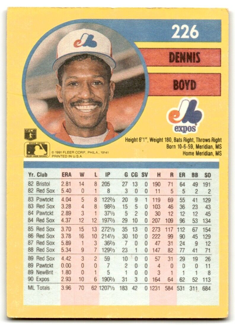 1991 Fleer Dennis Boyd Montreal Expos #226A