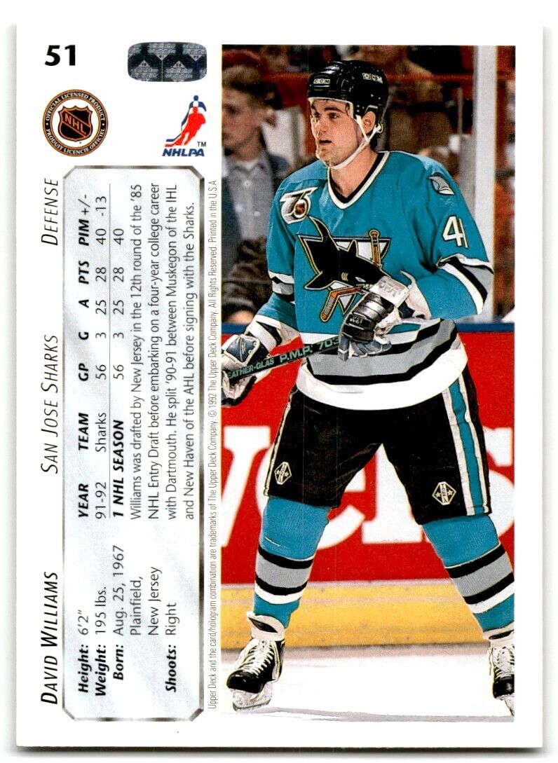 1992-93 Upper Deck David Williams Rookie San Jose Sharks #51