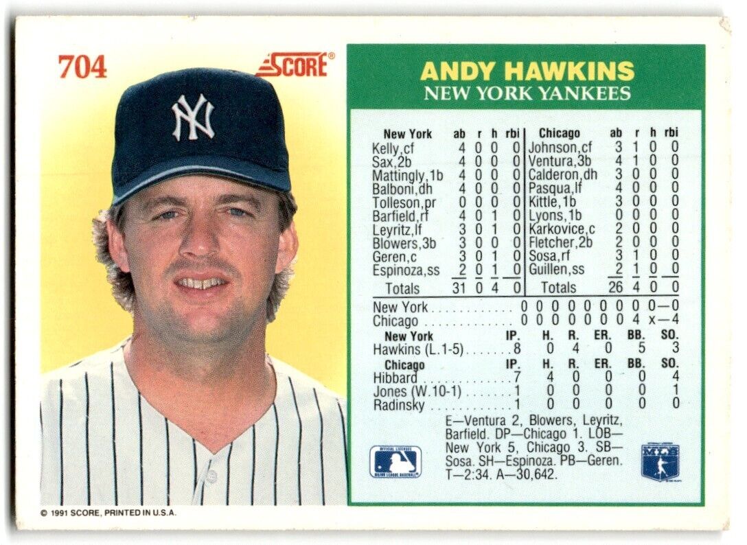 1991 Score no-hit  club Andy Hawkins New York Yankees #704