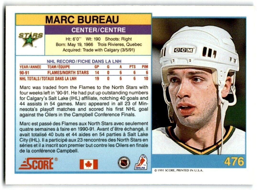 1991-92 Score Canadian Marc Bureau Minnesota North Stars #476