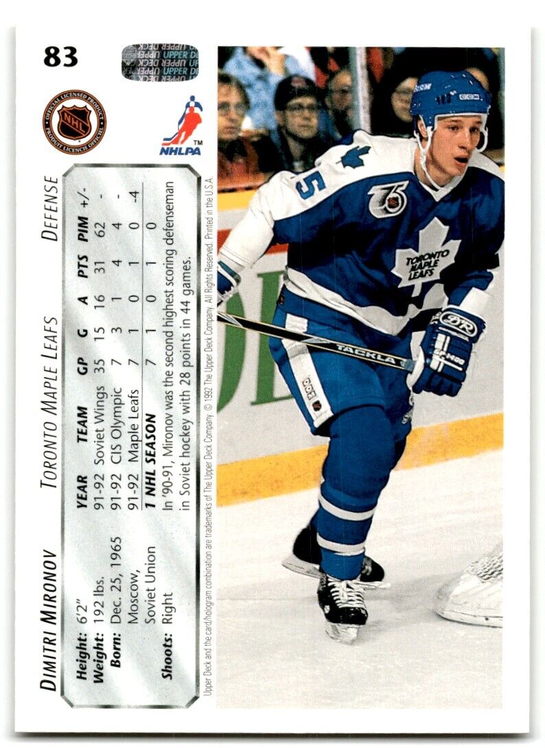 1992-93 Upper Deck Dmitri Mironov Toronto Maple Leafs #83