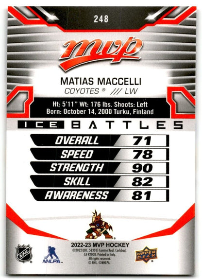 2022-23 Upper Deck MVP Ice Battles Matias Maccelli Rookie Arizona Coyotes #248