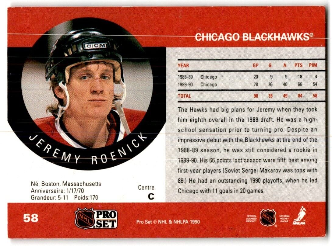 1990-91 Pro Set Jeremy Roenick Rookie Chicago Blackhawks #58