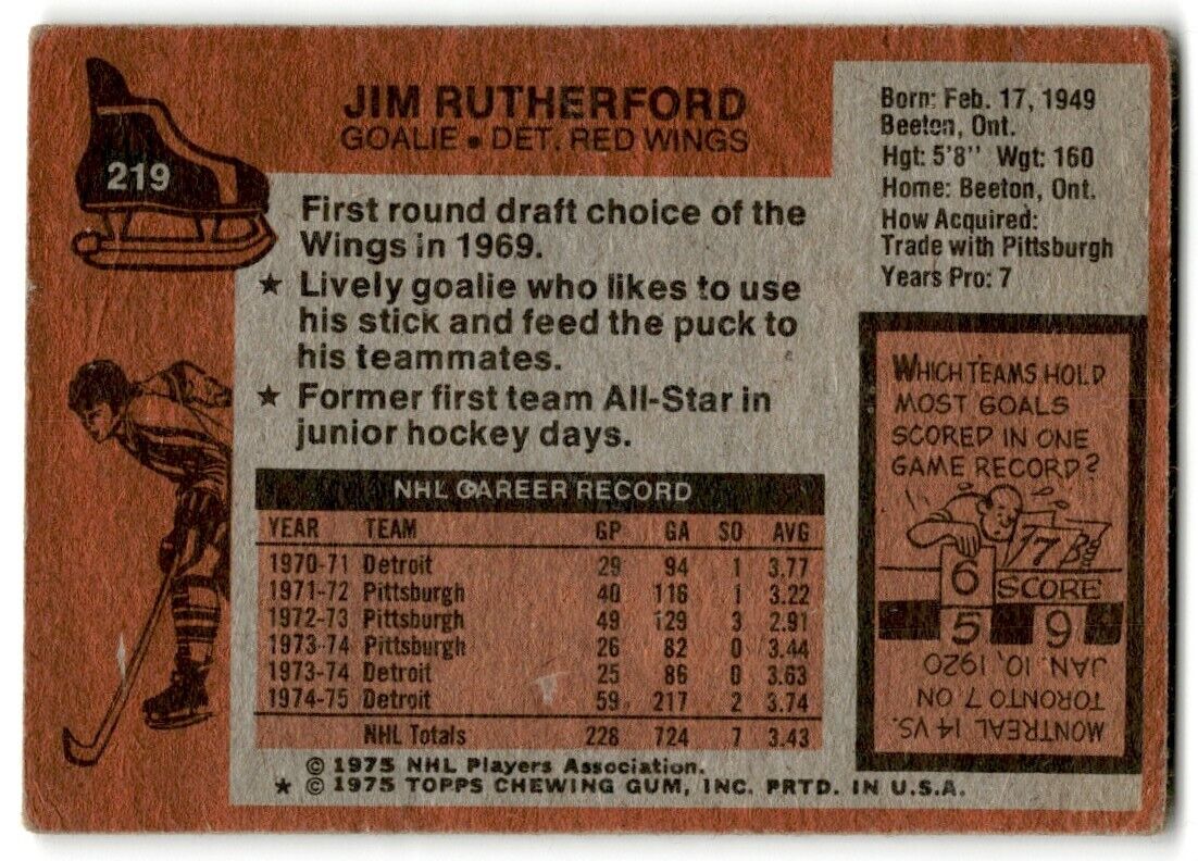 1975-76 Topps Jim Rutherford Detroit Red Wings #219