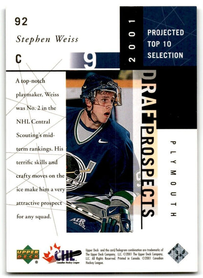 2000-01 Upper Deck CHL Prospects Stephen Weiss Plymouth Whalers #92