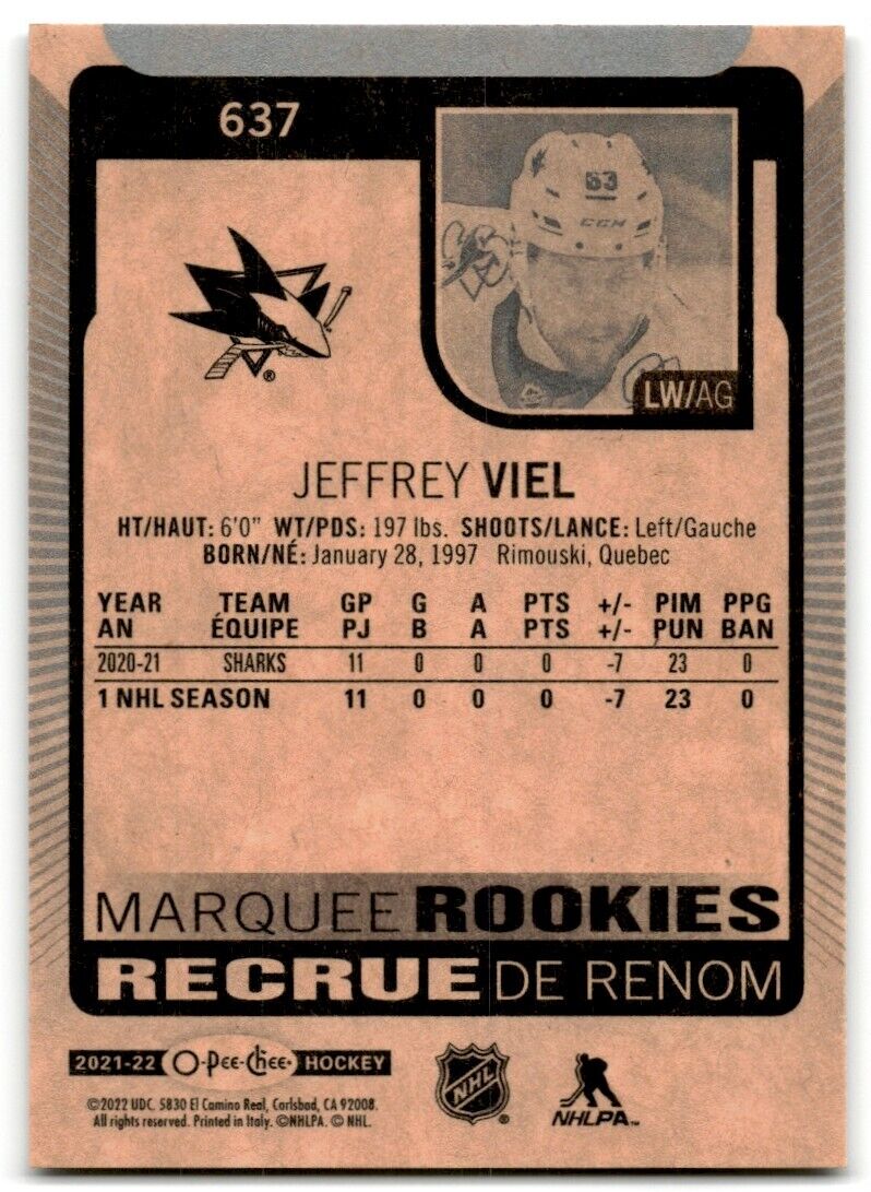 2021-22 Upper Deck 2021-22 O-Pee-Chee Update Jeffrey Viel Rookie San Jose Sharks