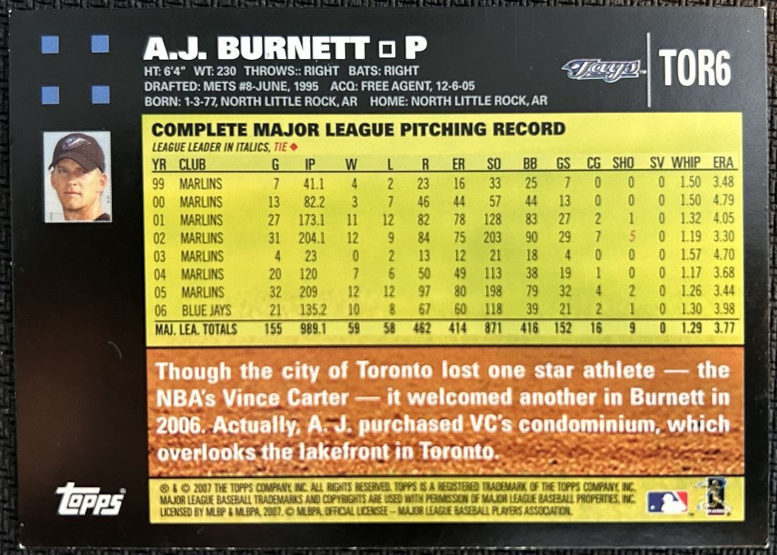 2007 Topps A.J. Burnett Toronto Blue Jays #TOR6