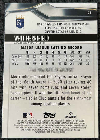 2021 Bowman Platinum Whit Merrifield Kansas City Royals #74